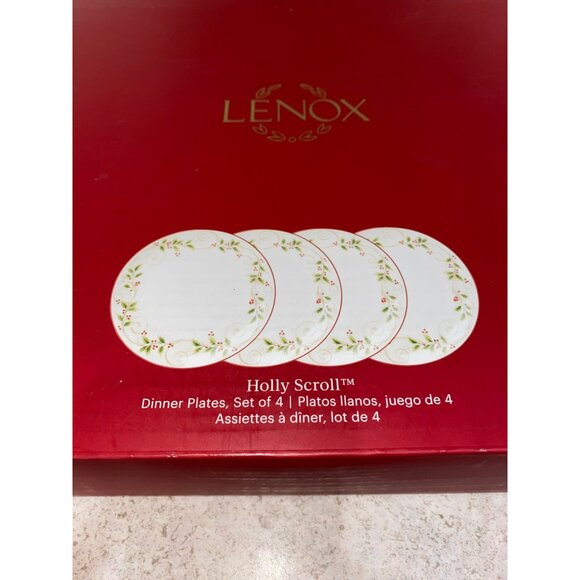 Lenox Holly Scroll Dinner Plates Set Of 4 Red Rim Christmas 897627 - Picture 3 of 12
